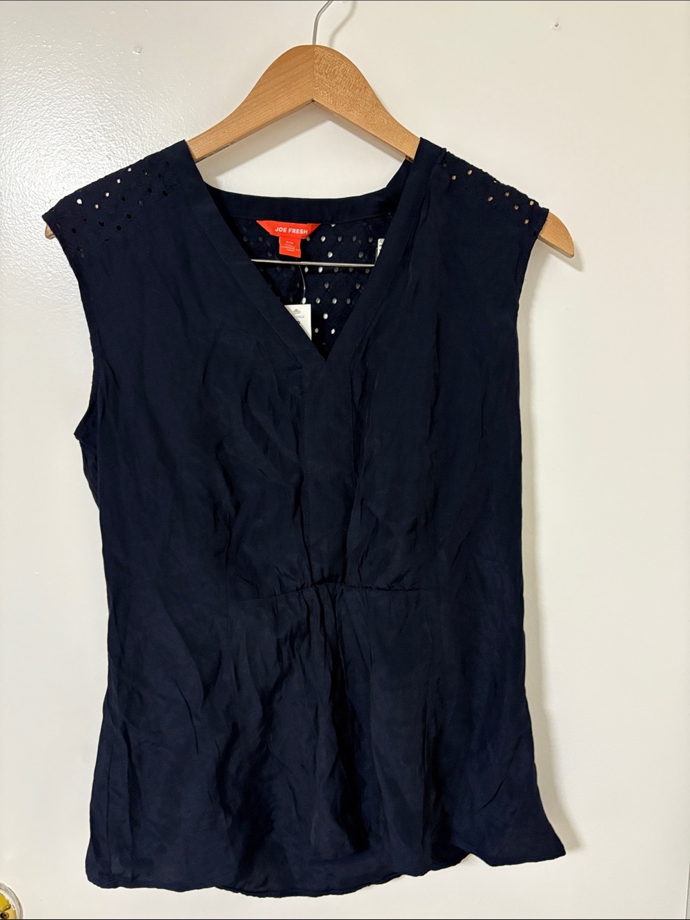 Joe Fresh Navy Eyelet-Shoulder Sleeveless V-Neck Top
